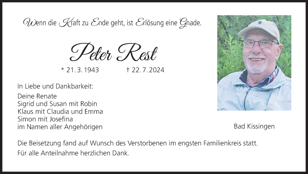  Traueranzeige für Peter Rest vom 03.08.2024 aus MGO