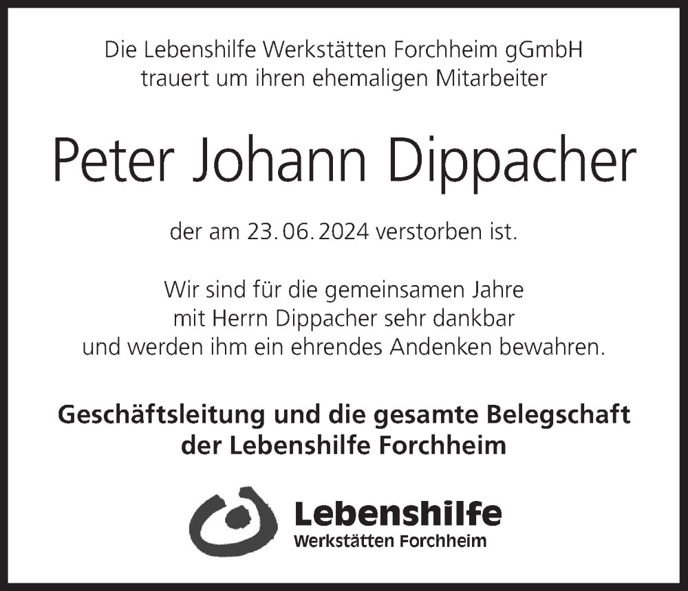  Traueranzeige für Peter Johann Dippacher vom 31.07.2024 aus MGO