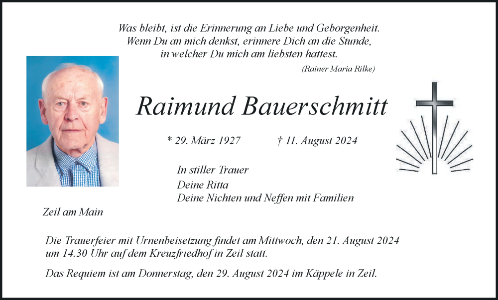  Traueranzeige für Raimund Bauerschmitt vom 17.08.2024 aus MGO