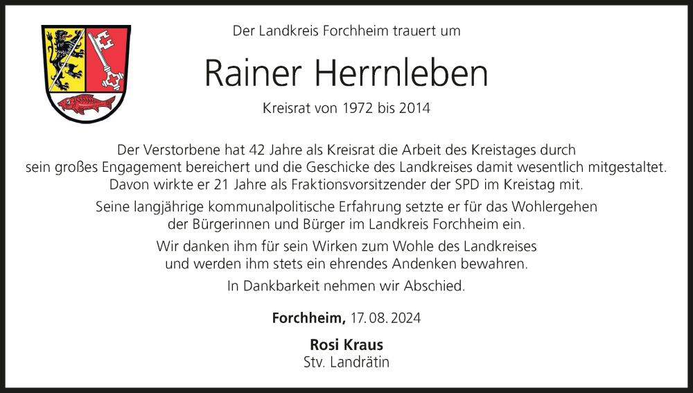  Traueranzeige für Rainer Herrnleben vom 17.08.2024 aus MGO
