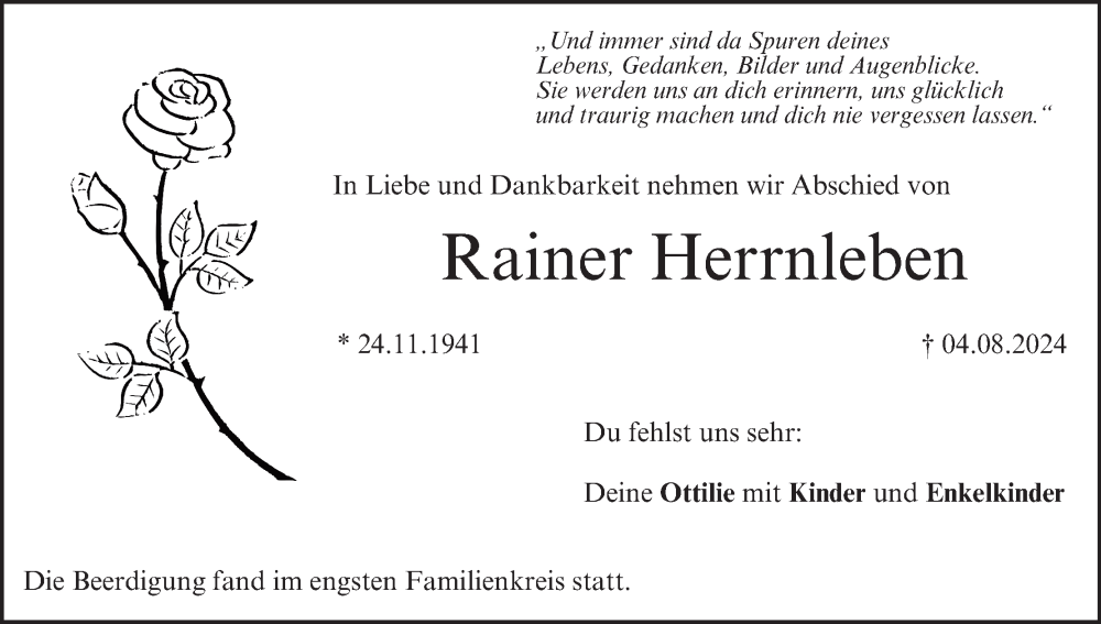  Traueranzeige für Rainer Herrnleben vom 17.08.2024 aus MGO
