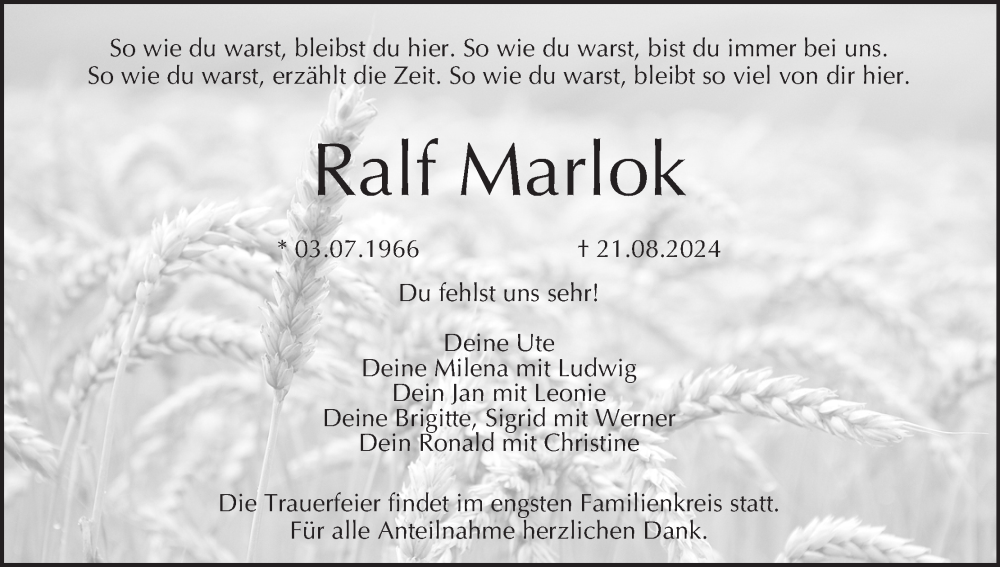  Traueranzeige für Ralf Marlok vom 31.08.2024 aus MGO