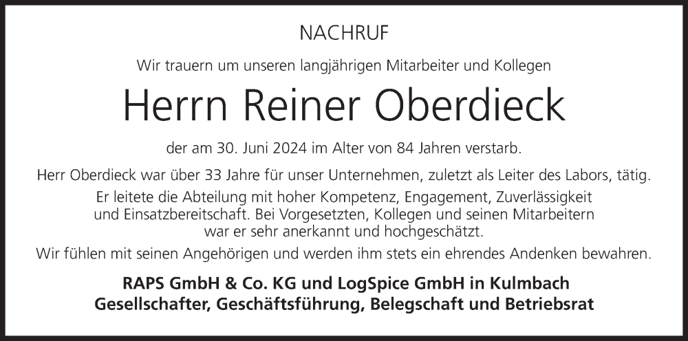  Traueranzeige für Reiner Oberdieck vom 31.07.2024 aus MGO