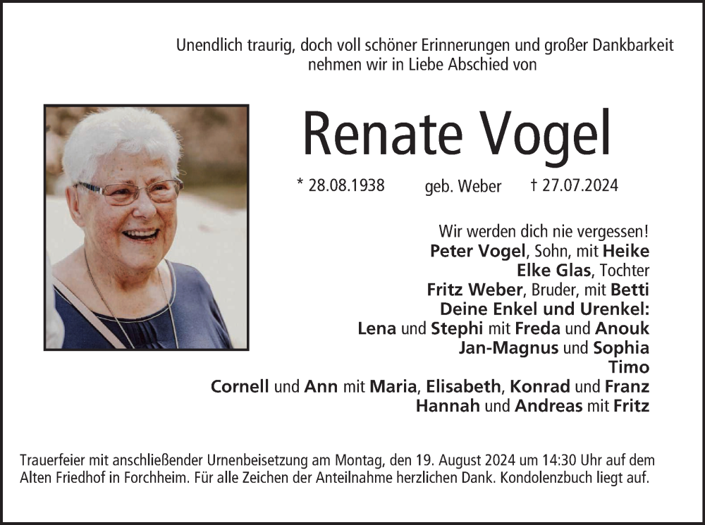  Traueranzeige für Renate Vogel vom 10.08.2024 aus MGO