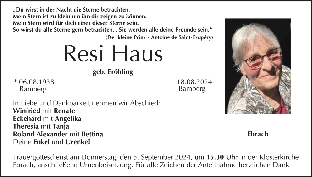  Traueranzeige für Resi Haus vom 31.08.2024 aus MGO