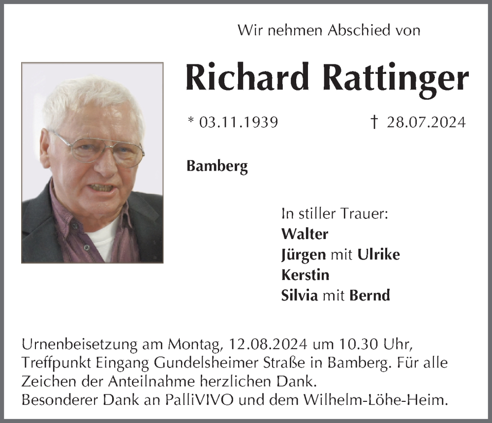  Traueranzeige für Richard Rattinger vom 10.08.2024 aus MGO