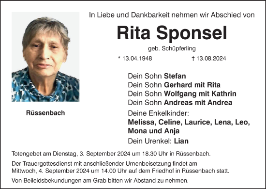 Anzeige von Rita Sponsel von MGO