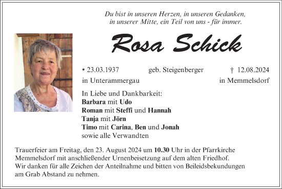 Anzeige von Rosa Schick von MGO
