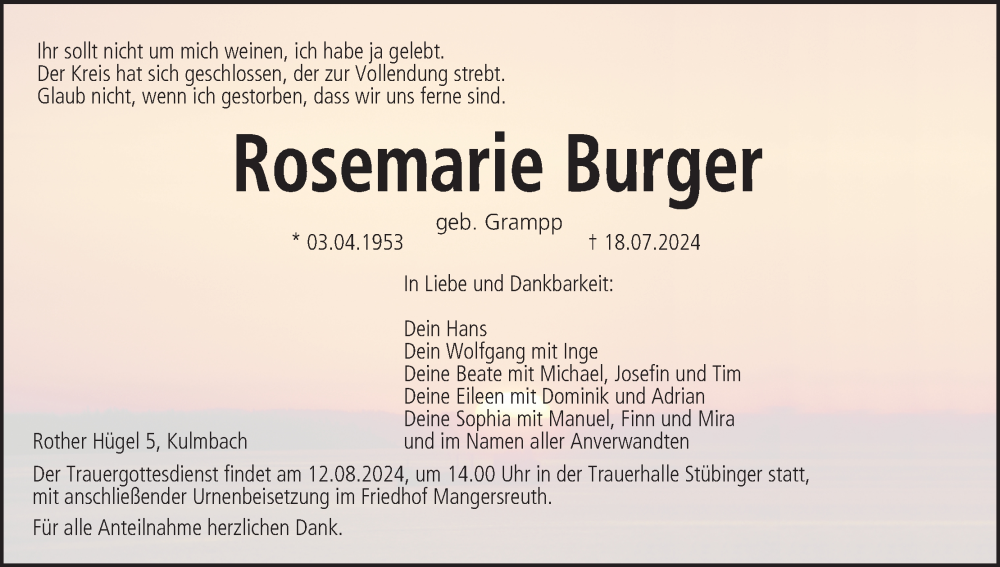  Traueranzeige für Rosemarie Burger vom 08.08.2024 aus MGO