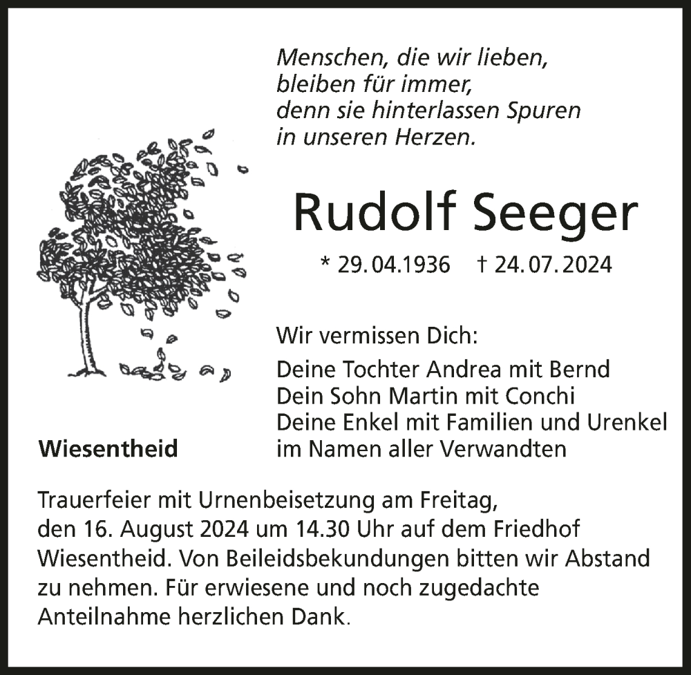  Traueranzeige für Rudolf Seeger vom 10.08.2024 aus MGO