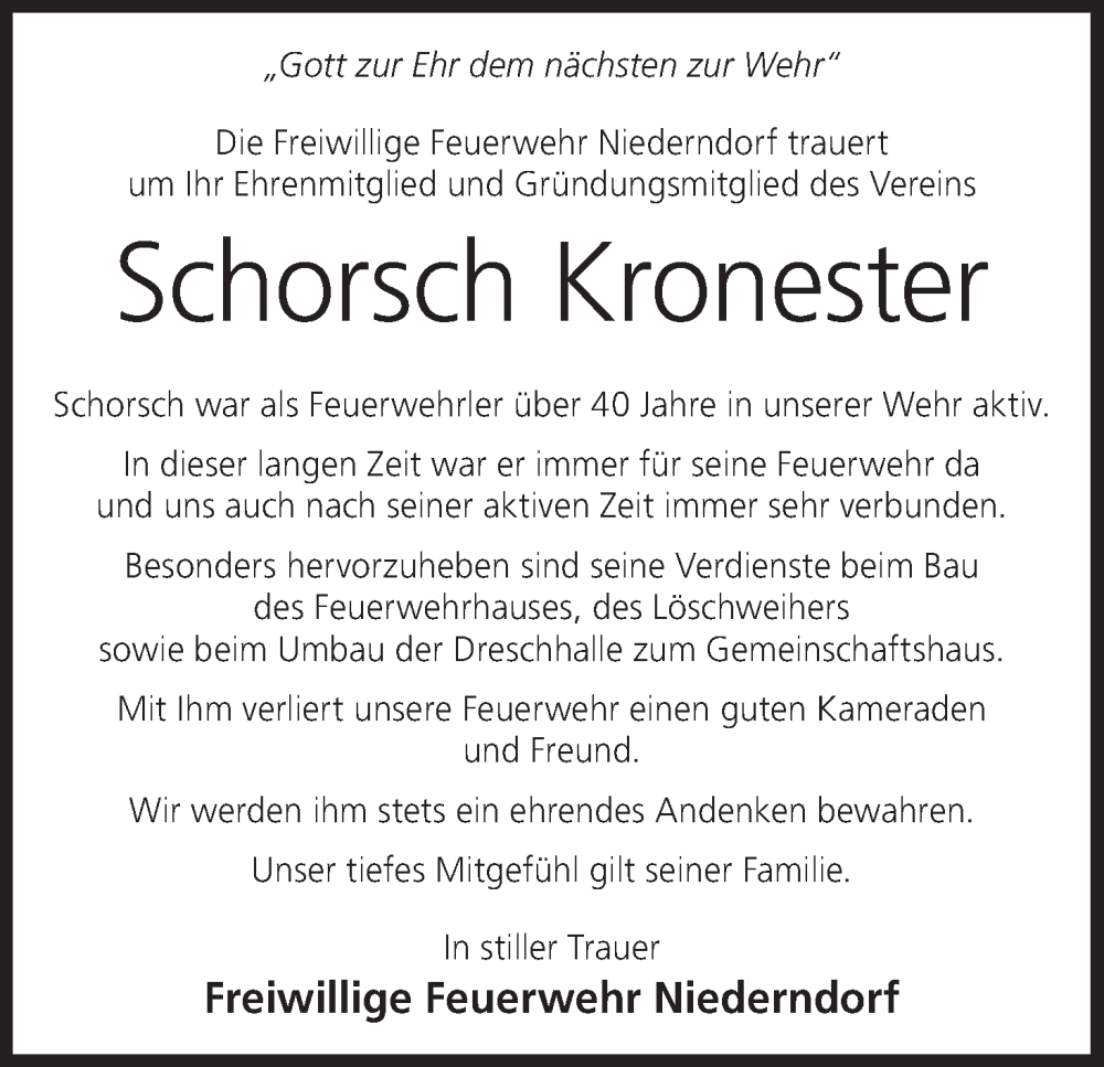  Traueranzeige für Schorsch Kronester vom 22.08.2024 aus MGO