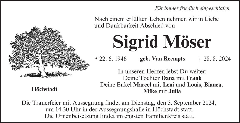  Traueranzeige für Sigrid Möser vom 31.08.2024 aus MGO