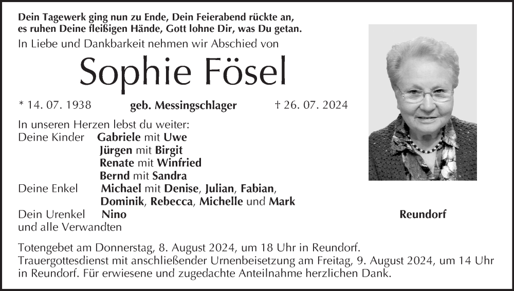  Traueranzeige für Sophie Fösel vom 03.08.2024 aus MGO
