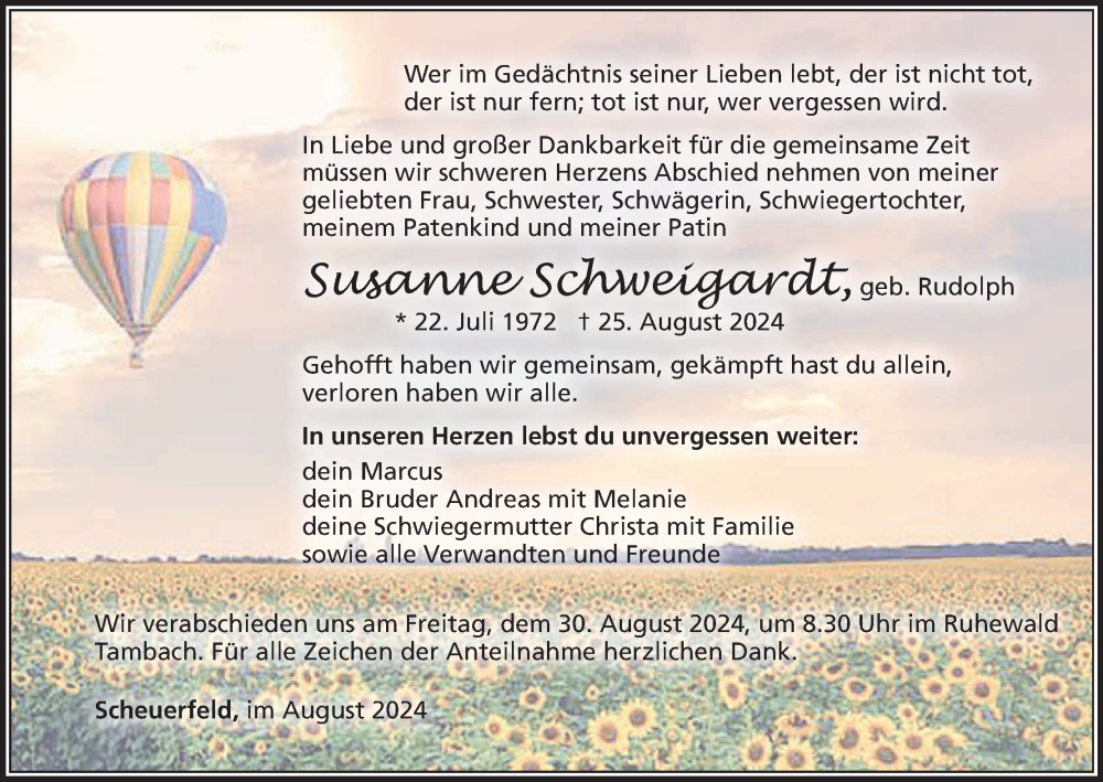  Traueranzeige für Susanne Schweigardt vom 28.08.2024 aus MGO