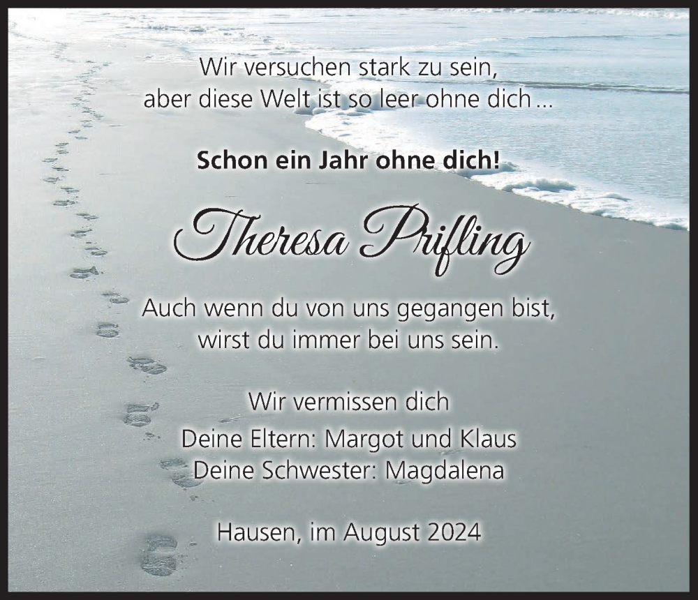  Traueranzeige für Theresa Prifling vom 03.08.2024 aus MGO