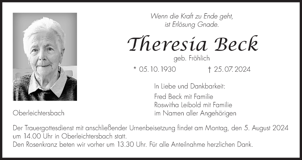  Traueranzeige für Theresia Beck vom 03.08.2024 aus MGO
