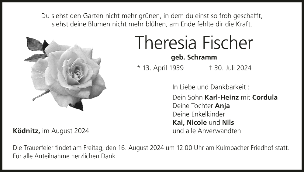  Traueranzeige für Theresia Fischer vom 13.08.2024 aus MGO
