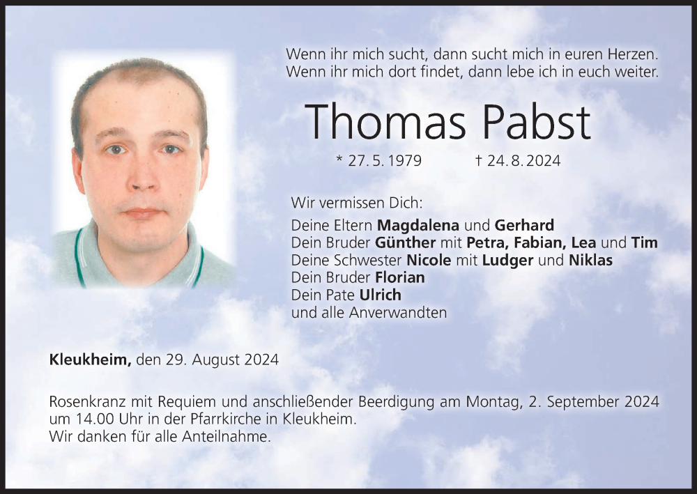  Traueranzeige für Thomas Pabst vom 29.08.2024 aus MGO