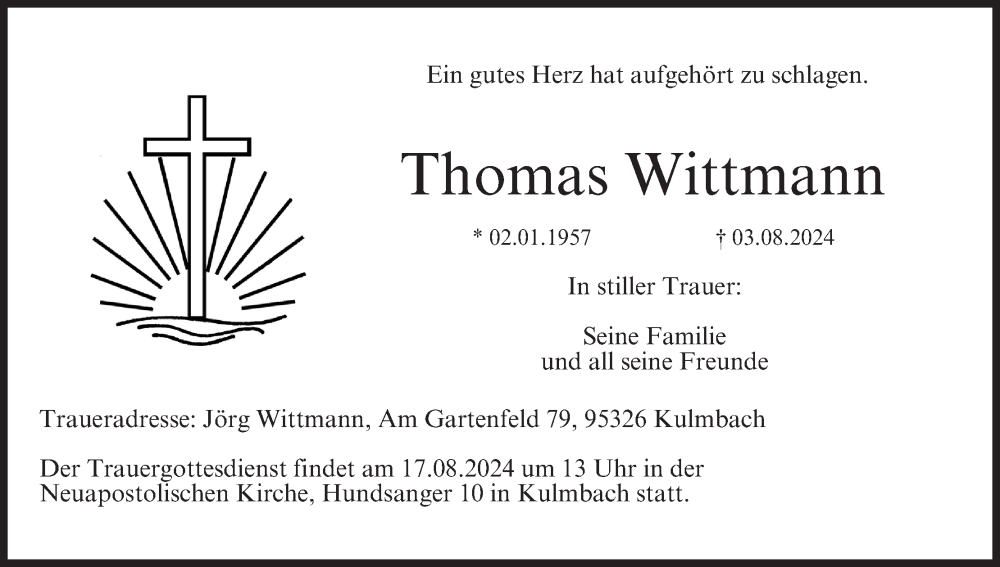  Traueranzeige für Thomas Wittmann vom 10.08.2024 aus MGO