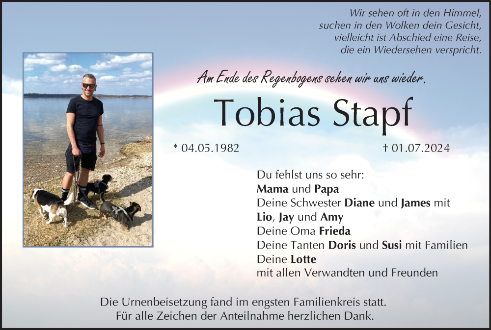  Traueranzeige für Tobias Stapf vom 10.08.2024 aus MGO