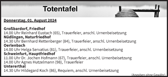 Anzeige von Totentafel vom 01.08.2024 von MGO