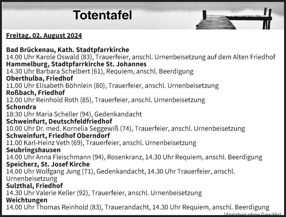  Traueranzeige für Totentafel vom 02.08.2024 vom 02.08.2024 aus MGO