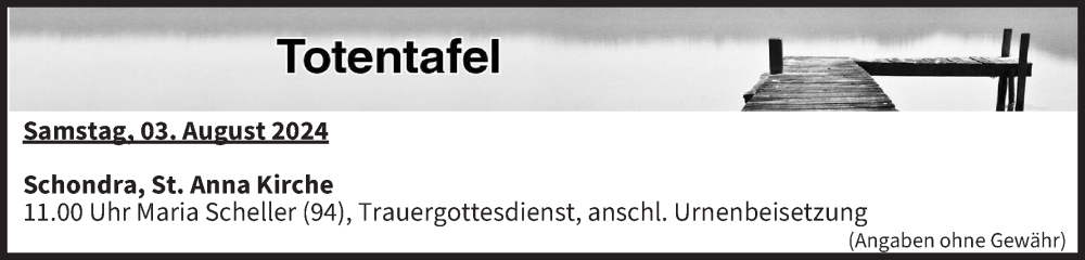  Traueranzeige für Totentafel vom 03.08.2024 vom 03.08.2024 aus MGO