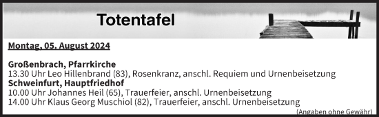 Anzeige von Totentafel vom 05.08.2024 von MGO