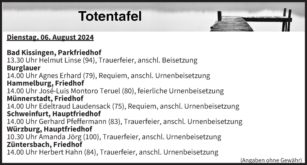  Traueranzeige für Totentafel vom 06.08.2024 vom 06.08.2024 aus MGO