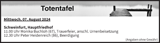 Anzeige von Totentafel vom 07.08.2024 von MGO