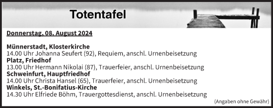 Anzeige von Totentafel vom 08.08.2024 von MGO