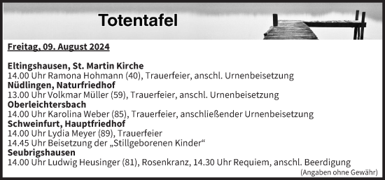 Anzeige von Totentafel vom 09.08.2024 von MGO