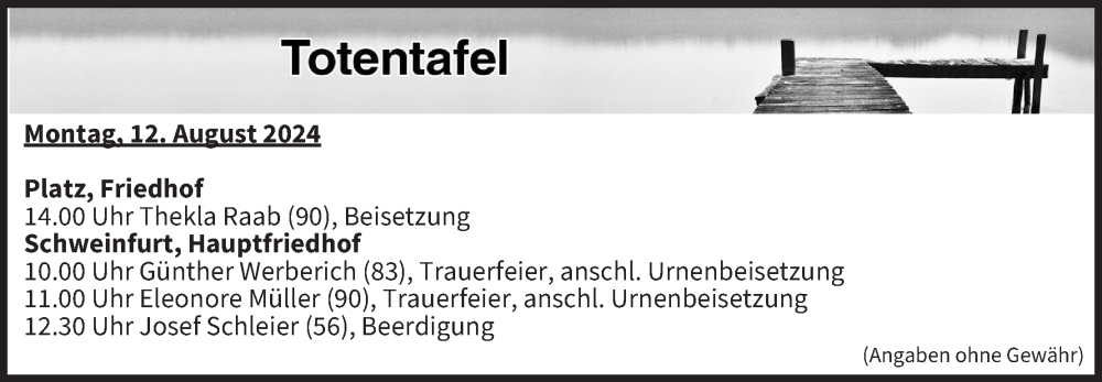  Traueranzeige für Totentafel vom 12.08.2024 vom 12.08.2024 aus MGO
