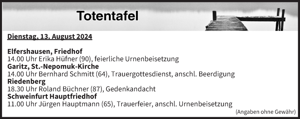  Traueranzeige für Totentafel vom 13.08.2024 vom 13.08.2024 aus MGO