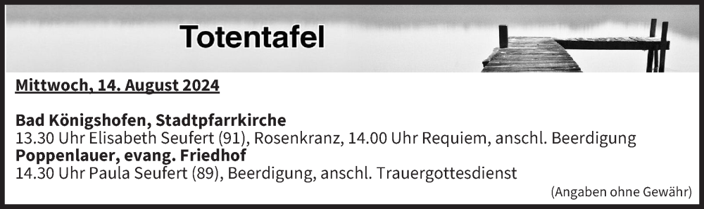  Traueranzeige für Totentafel vom 14.08.2024 vom 14.08.2024 aus MGO