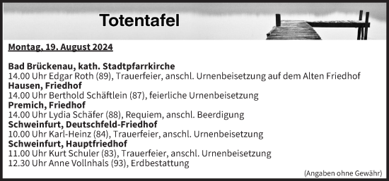 Anzeige von Totentafel vom 19.08.2024 von MGO