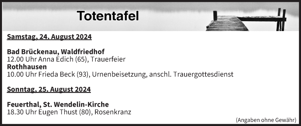  Traueranzeige für Totentafel vom 24.08.2024 vom 24.08.2024 aus MGO