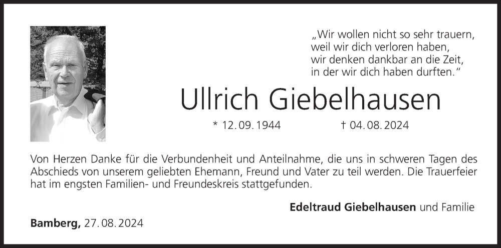  Traueranzeige für Ullrich Giebelhausen vom 31.08.2024 aus MGO