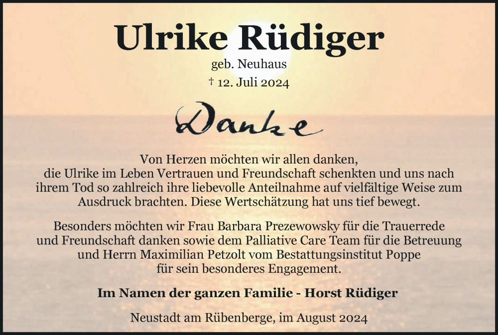  Traueranzeige für Ulrike Rüdiger vom 17.08.2024 aus MGO