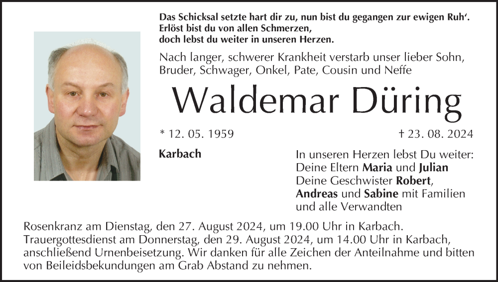  Traueranzeige für Waldemar Düring vom 27.08.2024 aus MGO