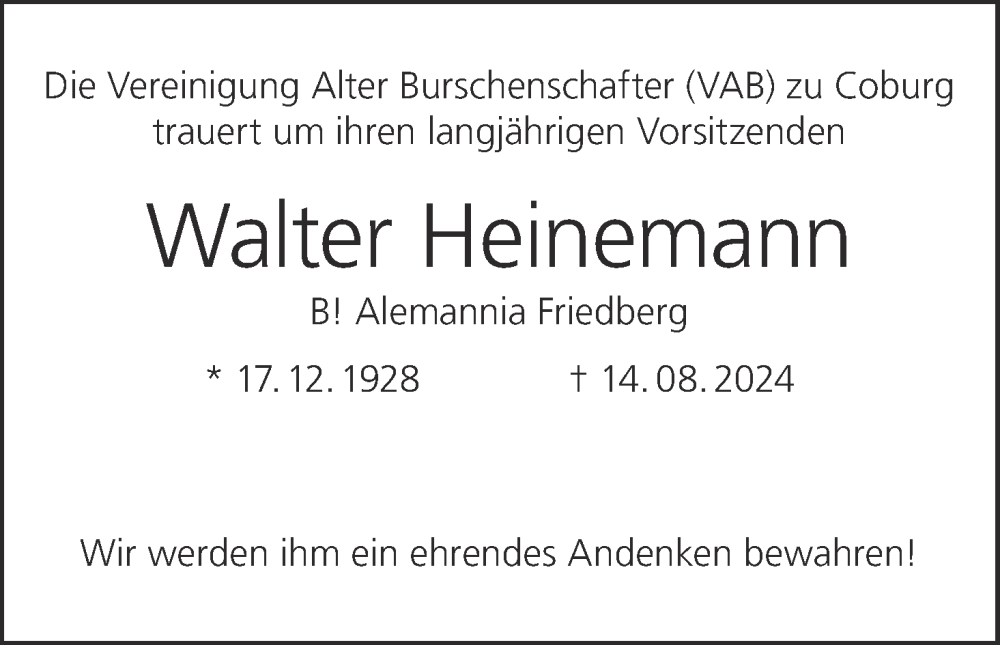  Traueranzeige für Walter Heinemann vom 24.08.2024 aus MGO