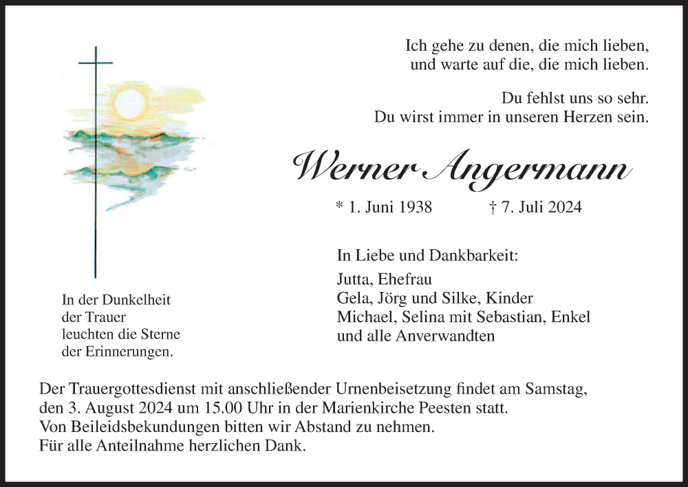  Traueranzeige für Werner Angermann vom 31.07.2024 aus MGO