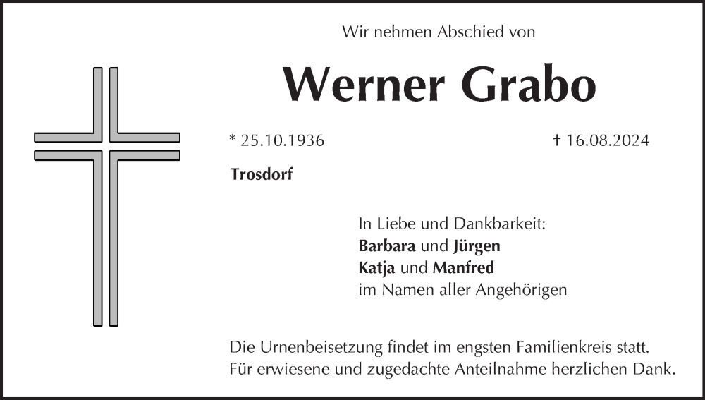  Traueranzeige für Werner Grabo vom 24.08.2024 aus MGO