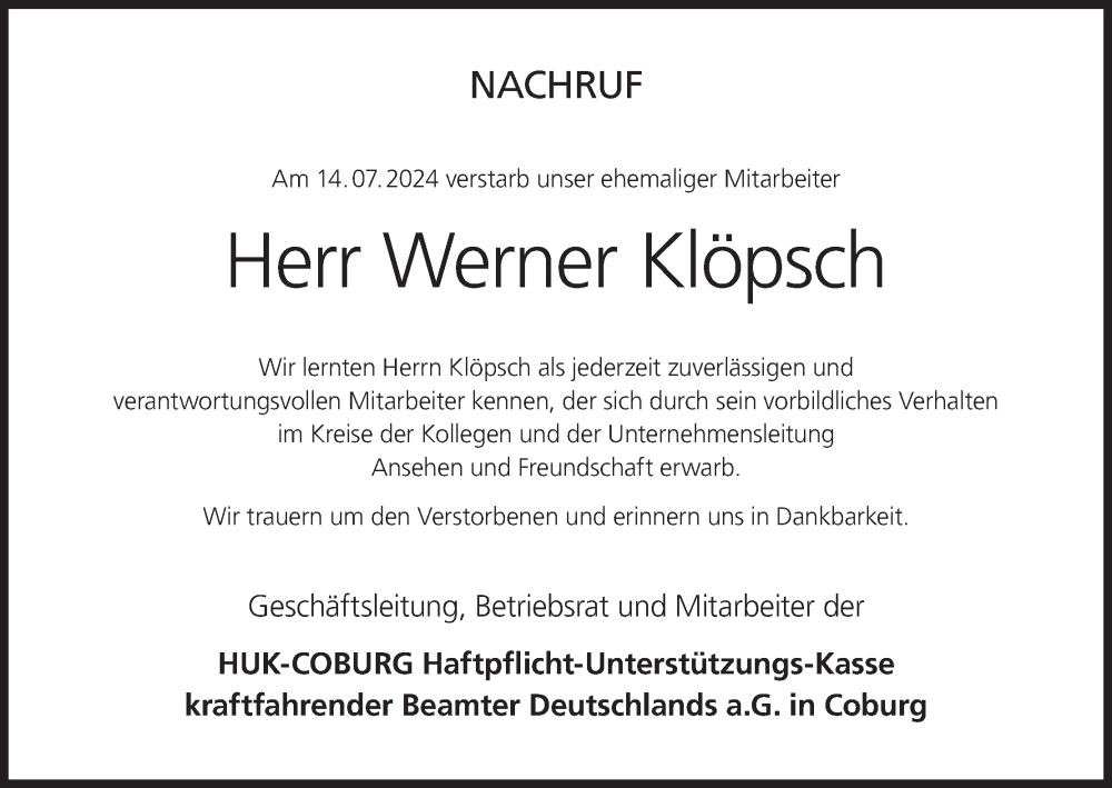 Traueranzeige für Werner Klöpsch vom 09.08.2024 aus MGO