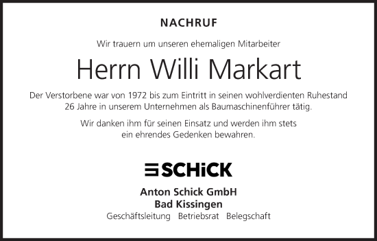 Anzeige von Willi Markart von MGO