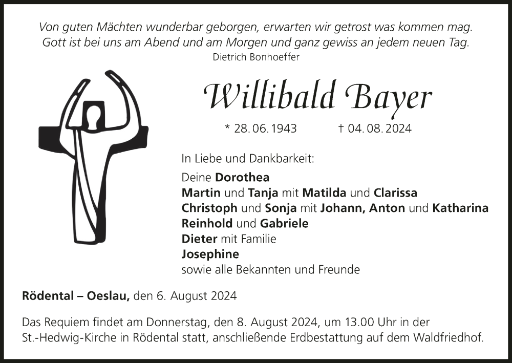  Traueranzeige für Willibald Bayer vom 06.08.2024 aus MGO