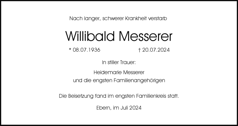  Traueranzeige für Willibald Messerer vom 02.08.2024 aus MGO