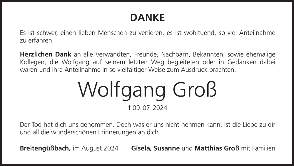  Traueranzeige für Wolfgang Groß vom 10.08.2024 aus MGO