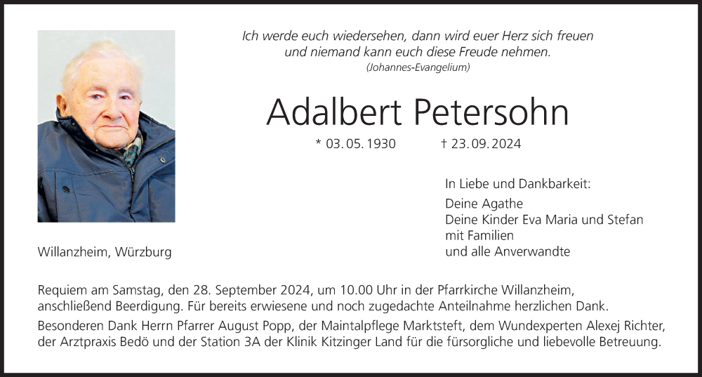  Traueranzeige für Adalbert Petersohn vom 25.09.2024 aus MGO