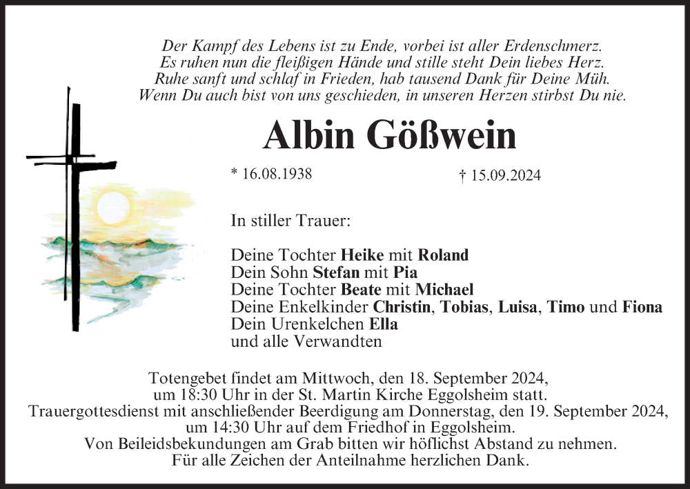  Traueranzeige für Albin Gößwein vom 18.09.2024 aus MGO